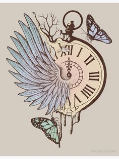 a drawing of a clock with wings on it