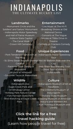 the indiana bucket list is shown with information about things to see and do in it