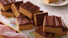 several pieces of chocolate peanut butter bars on a plate