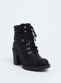 Wide Width Black Faux Leather Lace-Up Hiker Boot - Wide Width Heels Aesthetic, 17 Black, Heels Classy, Faux Leather Boots, Wide Width Shoes, Tall Leather Boots, Block Heel Boots, Wide Boots, Lug Sole