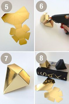 the steps to make an origami box with gold foil on top and bottom