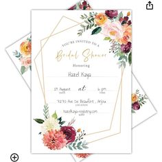 the floral bridal shower is shown on top of two folded cards with gold foil