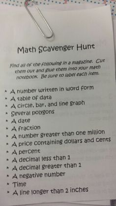 a math scavenger hunt is shown on top of a piece of paper with a clip