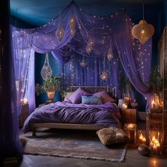 a bedroom decorated in purple and blue with lights hanging from the ceiling, bed covered in lavender colored bedspread