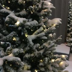 a christmas tree is covered with snow and lights