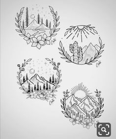 four different tattoo designs with mountains and trees in the background, one is black and white