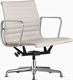 an office chair with chrome frame and white leather upholstered seat, viewed from the front