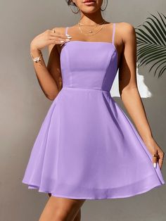 Lilac Purple Sexy Sleeveless Polyester Plain Cami Embellished Non-Stretch Summer Women Dresses School Dance Dresses, White Fashion Casual, Lilac Dress, Cami Dress, Purple Dress