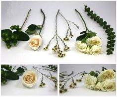 four different pictures of white roses and greenery