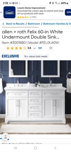 an advertisement for a bathroom vanity with double sinks and mirrors on the wall above it