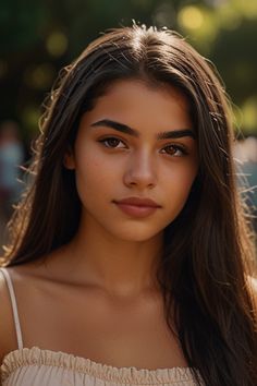 a young woman with long brown hair is looking at the camera