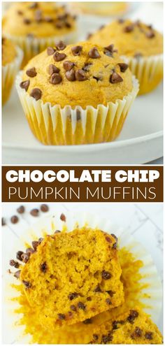 chocolate chip pumpkin muffins are stacked on top of each other