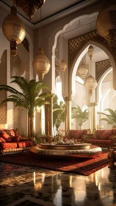 a living room filled with lots of red couches and large potted palm trees