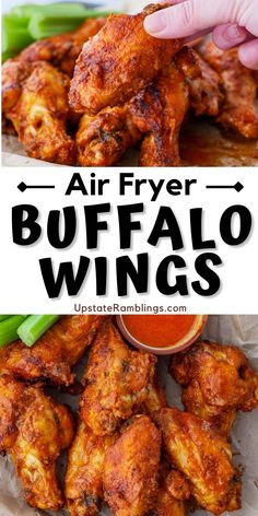 the air fryer buffalo wings are ready to be served with dipping sauce and green beans