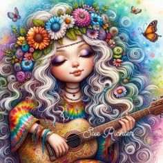 a painting of a girl with flowers on her head holding a guitar and playing the guitar