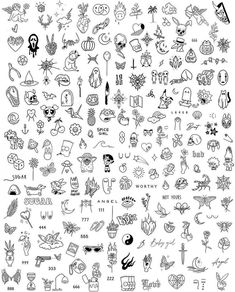 a large collection of tattoo designs and symbols, all in black and white on a white background