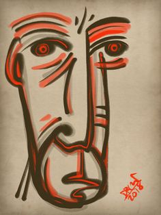 a drawing of a man's face with red and black lines on the forehead