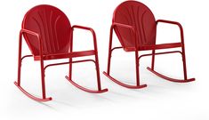 two red plastic chairs sitting next to each other on a white surface with no one in it