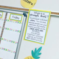 a bulletin board with pineapples on it and some notes attached to the back