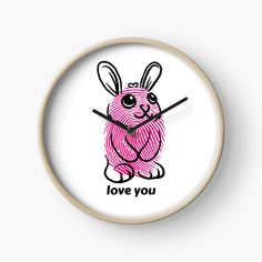 a clock with the words love you written on it and a pink bunny holding a stick