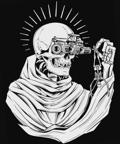 a skeleton wearing a scarf and holding a pair of binoculars