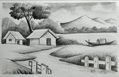 a black and white drawing of some houses