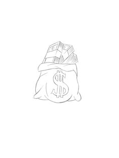 a black and white drawing of a bag full of money