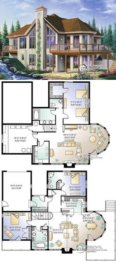 two story house plans with an open floor plan and large living area in the middle