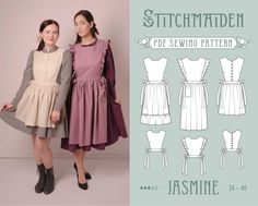 two women standing next to each other in front of a wall with sewing patterns on it