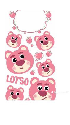 pink bear stickers with the words lotso written on them and hearts hanging from strings