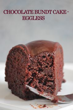 a piece of chocolate bundt cake on a white plate