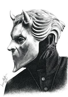 a black and white drawing of a man with horns on his head, wearing a suit