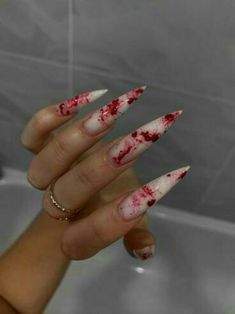 Red Splatter Nails, Nail Gothic Ideas, Stilleto Acrylics, Fang Nails, Jason Nails, Blood Splatter Nails, Nails Horror, Halloween Nails Spooky, Ongles Goth