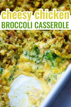 broccoli casserole with cheese and chicken on top in a white dish