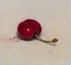 a painting of two cherries on a white surface