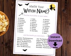 a halloween witch name game next to a bowl of popcorn