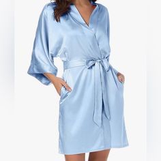 Brand New - Sioro Women's Satin Robe Silk Kimono Bathrobe For Bride Bridesmaids Wedding Party Loungewear Short - Light Sky Blue Elegant Blue V-neck Sleepwear, Elegant Blue Robe For Wedding Night, Elegant Light Blue Sleepwear For Loungewear, Silk Bathrobe, Kimono Bathrobe, Robe Silk, Bridesmaid Colors, Light Blue Wedding, Light Sky Blue