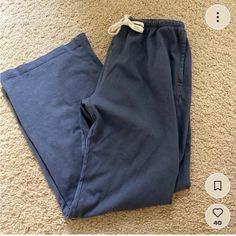 Thick And Cozy Cotton With An Elastic Tie Waistband, Side Pockets And Wide Legs. Fabrics: 100% Cotton Measurement: 11" (28 Cm) Rise, 29" (75 Cm) Inseam, 26" (66 Cm) Waist (Stretches) Made In: China Gray Brandy Melville Sweatpants, Brandy Blue Sweatpants, Brandy Melville Wide Leg Sweatpants, Brandy Melville Bottoms, Wide Legged Sweatpants, Clothes Brandy Melville, Blue And Grey Outfit