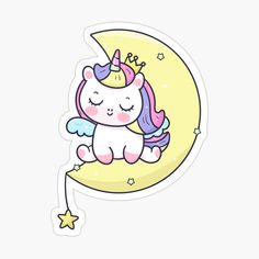 a sticker with a unicorn sitting on the moon wearing a tiara and stars