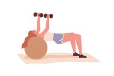 a woman doing push ups on a gym ball with two dumbbells in her hands