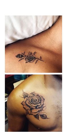 two different tattoos on the chest and shoulder, one with a rose tattoo on it