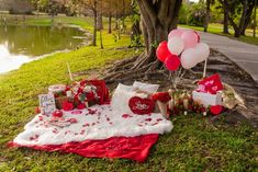 valentine's day picnic with balloons and gifts on the grass next to a lake