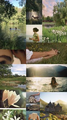 a collage of photos with flowers and people in the water