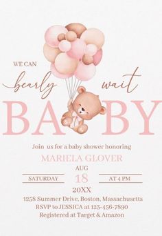 a baby shower is shown with balloons and a teddy bear