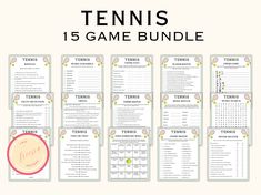 the tennis game bundle includes ten games, two sheets and an envelope for each player