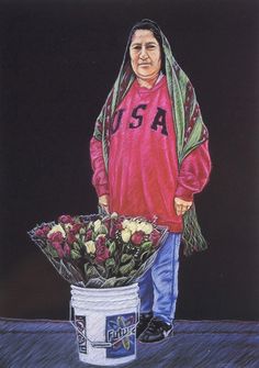 a drawing of a woman standing next to a bucket with flowers in it and the word usa on her shirt