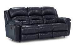 a black leather reclining sofa with two arms and headrests, facing the camera