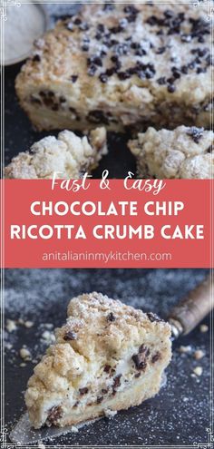 chocolate chip ricotta crumb cake with text overlay