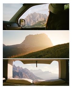 the view from inside a car looking at mountains