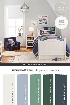 the bedroom is painted in shades of blue, green and white with an accent color scheme